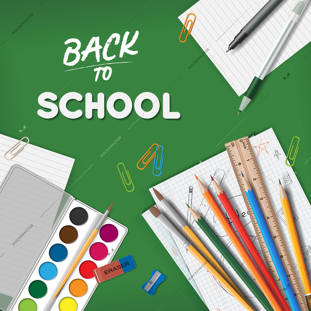Back to school realistic composition consisting of pens pencils watercolor paints stationery items at green background vector illustration