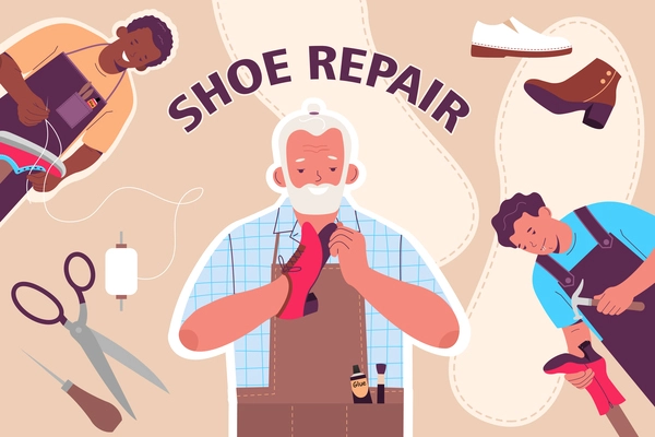 Shoe repair flat collage composition with isolated colored tools shoes shoe repairmen vector illustration