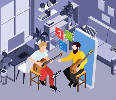 Master class workshop group learning practice isometric composition with indoor scenery and two men playing guitar vector illustration