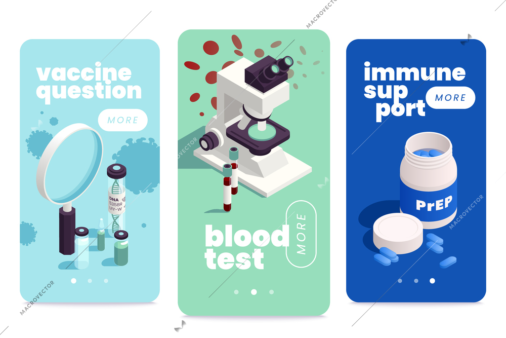 Hiv aids immunodeficiency vaccine question blood test immune support isometric vertical banners set isolated vector illustration