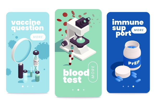 Hiv aids immunodeficiency vaccine question blood test immune support isometric vertical banners set isolated vector illustration