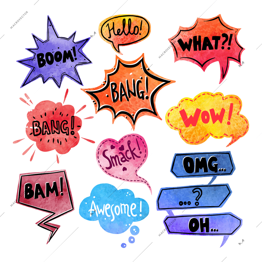 Watercolor comics speech bubble with expressions stickers set isolated vector illustration