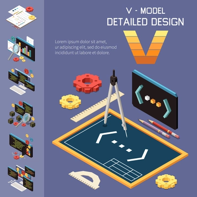 V model software development isometric composition with gear icons code screens computer workstations and editable text vector illustration