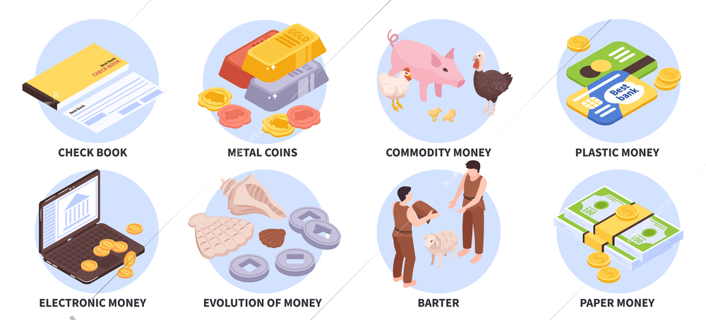 Set of eight isolated round compositions with isometric money evolution icons metal coins barter and commodities vector illustration