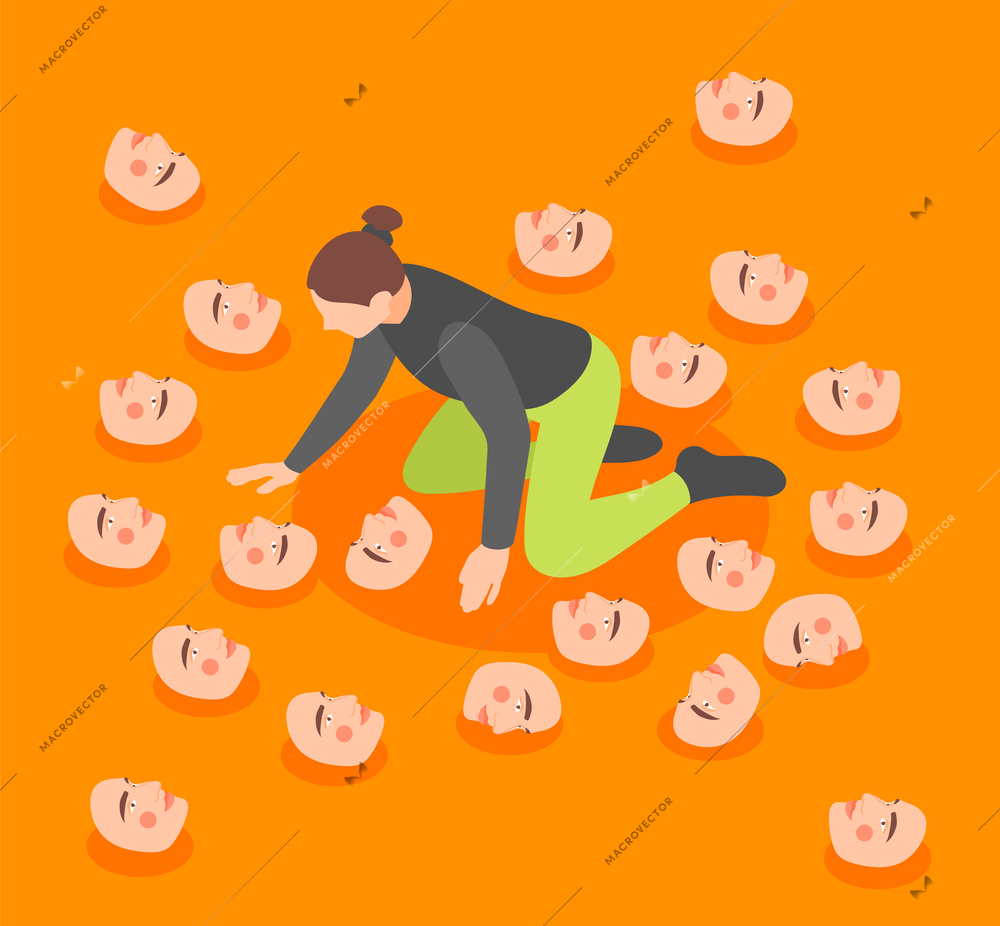 Woman looking for social mask isometric concept on orange background vector illustration