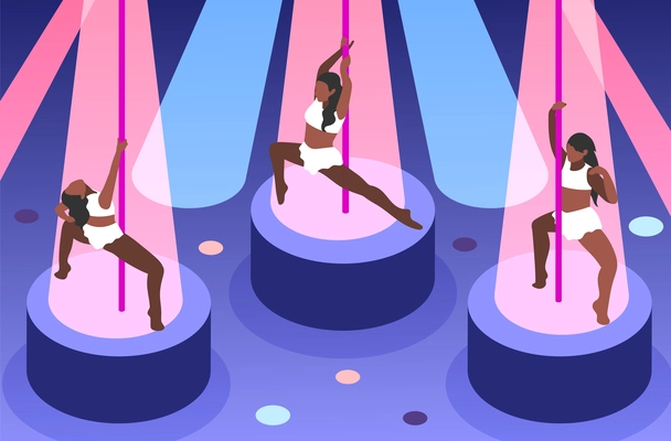 Pole dancers performing in spotlight in night club isometric background vector illustration