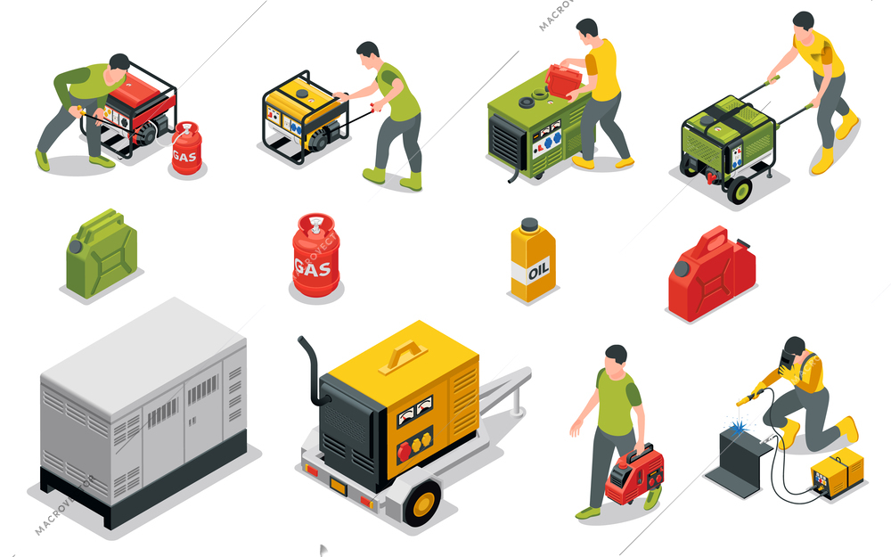 Electric generator set with fuel and power symbols isometric isolated vector illustration