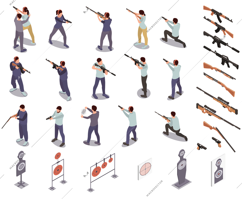 Shooting range set with automatic and assault rifle symbols isometric isolated vector illustration