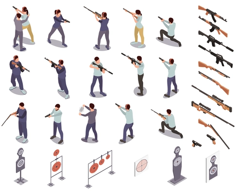 Shooting range set with automatic and assault rifle symbols isometric isolated vector illustration