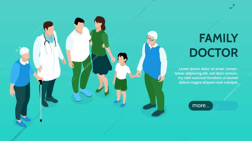 Isometric family doctor horizontal banner with character of physician surrounded by people with text and button vector illustration