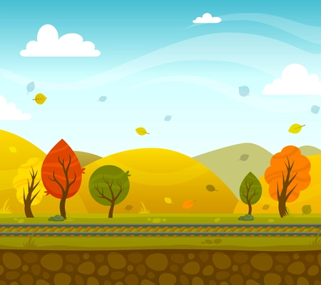 Game 2d autumn park landscape with railroad and hills on background vector illustration