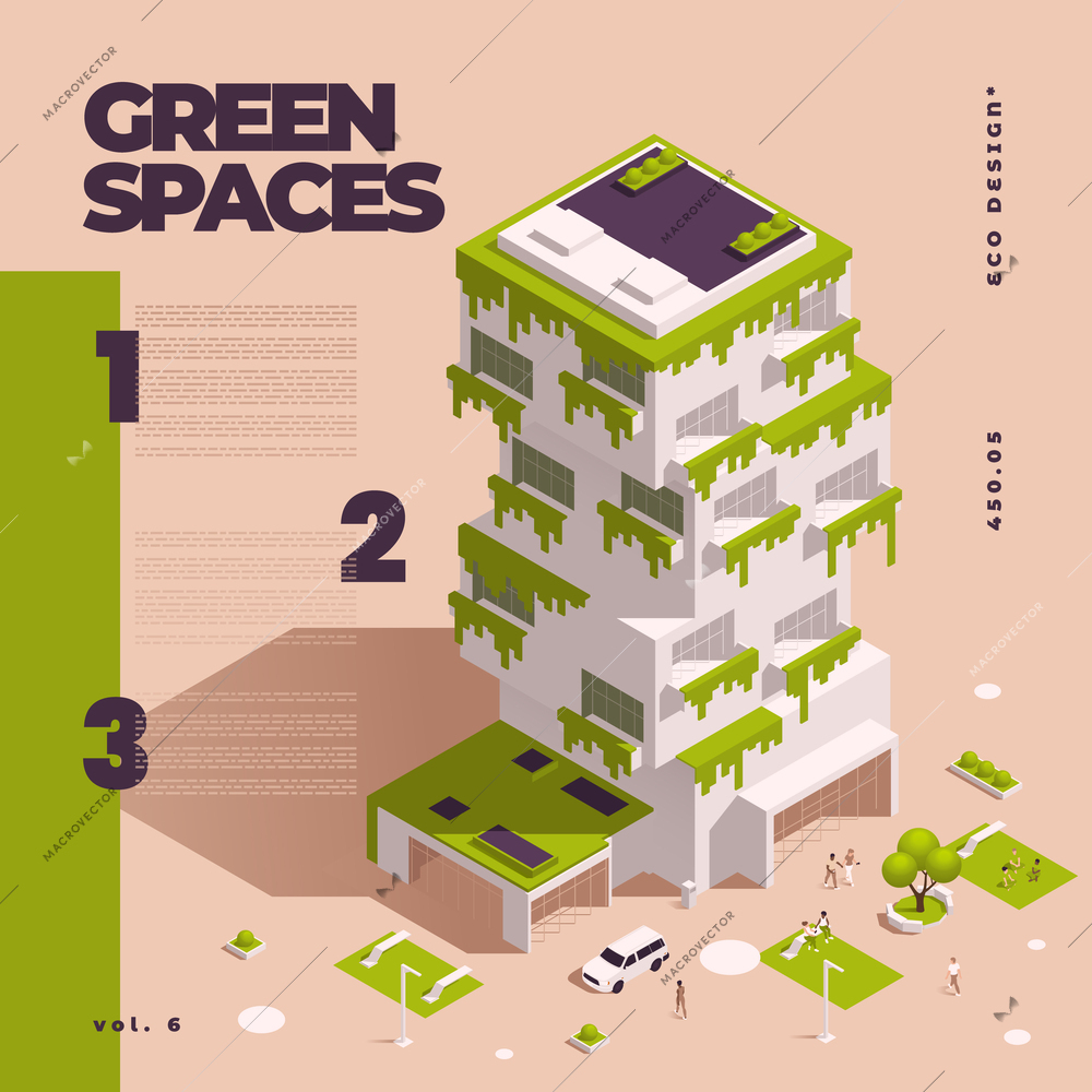 Urban city green spaces eco design isometric flowchart with big descriptions and points vector illustration