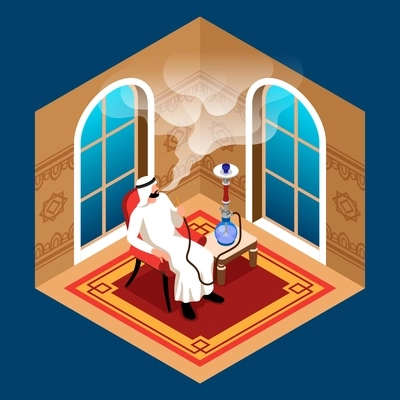 Hookah bar isometric colored composition at blue background with arabic man in national clothes smoking hookah 3d vector illustration