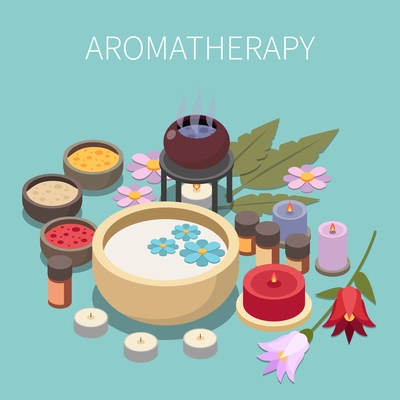 Alternative medicine isometric composition with burning candles pounders with colorful powders with flowers herbs and text vector illustration