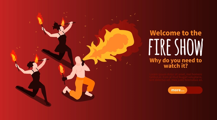 Isometric circus horizontal banner with ornate text slider more button and characters of performing fire swallowers vector illustration