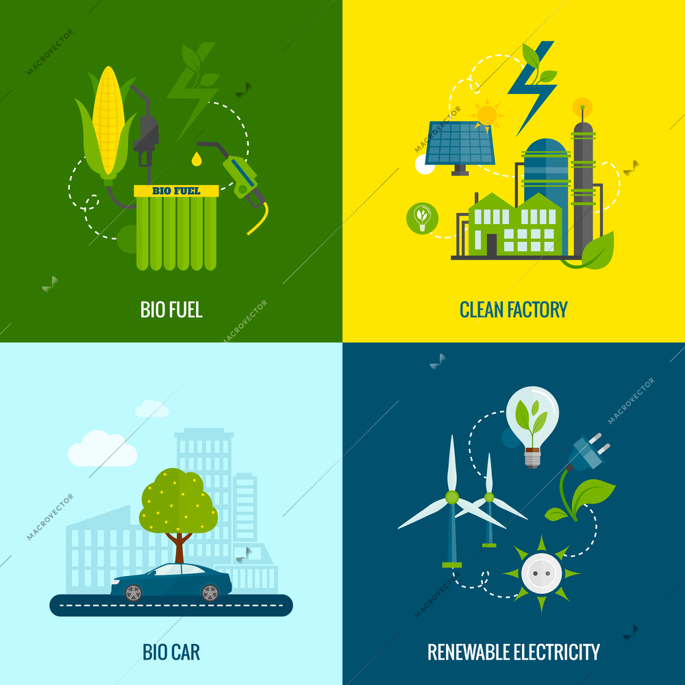 Eco bio car fuel and clean renewable electricity production 4 flat  icons composition abstract vector isolated illustration