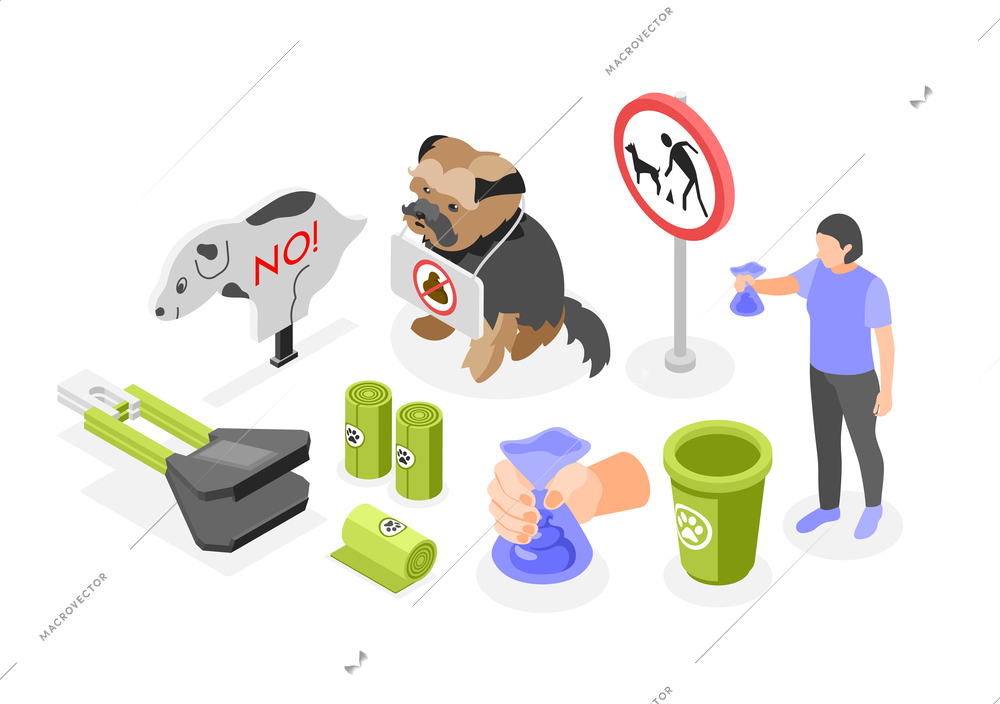 People clean up after your dogs isometric composition with tools for picking poop prohibition signs and responsible pet owner vector illustration