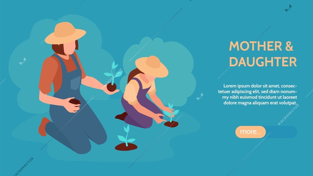 Motherhood horizontal website banner with mother and daughter doing gardening together isometric vector illustration