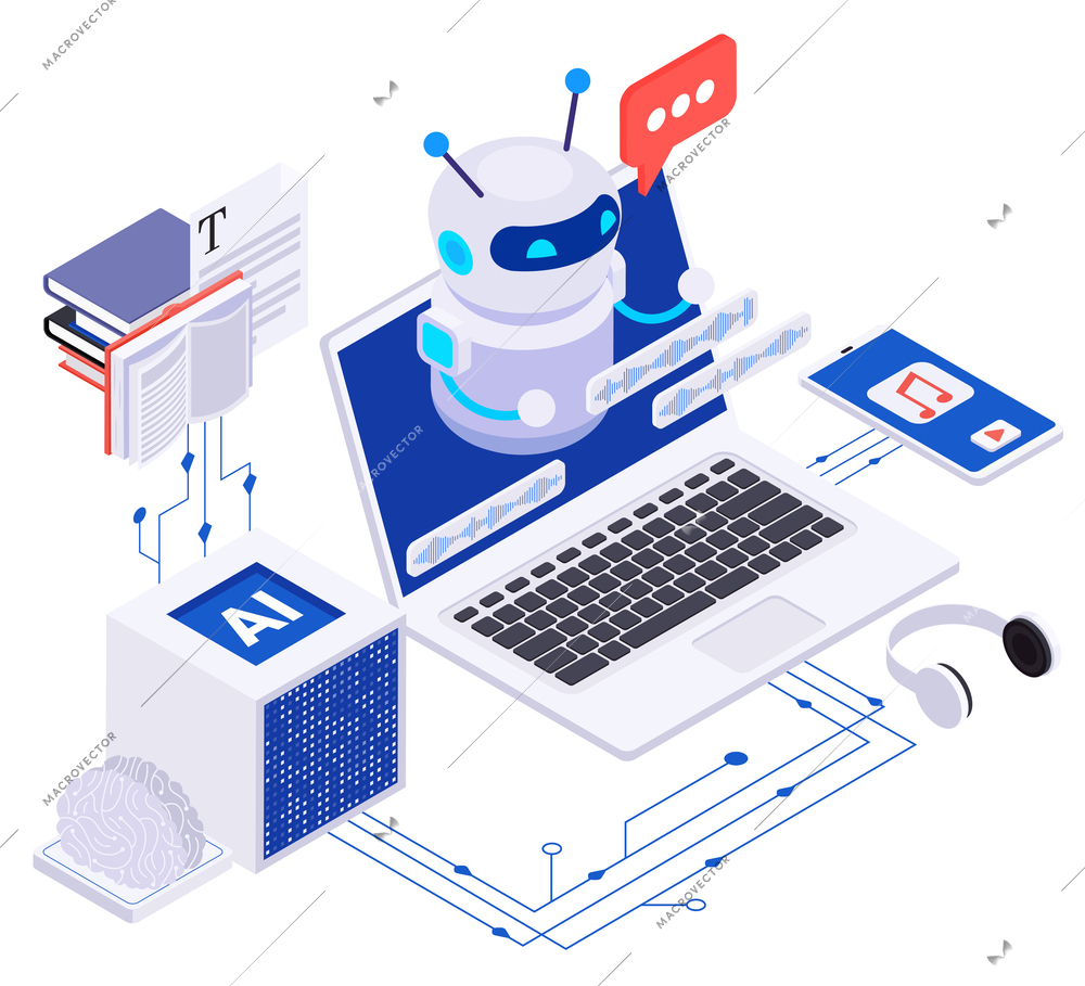 Ai powered content creation isometric concept with chatbot on laptop screen 3d vector illustration