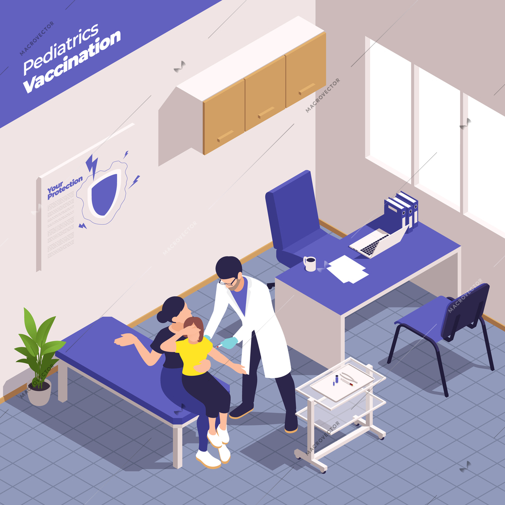 Pediatrics pediatrician isometric composition with doctors office scenery parent with child and doctor  giving an injection vector illustration