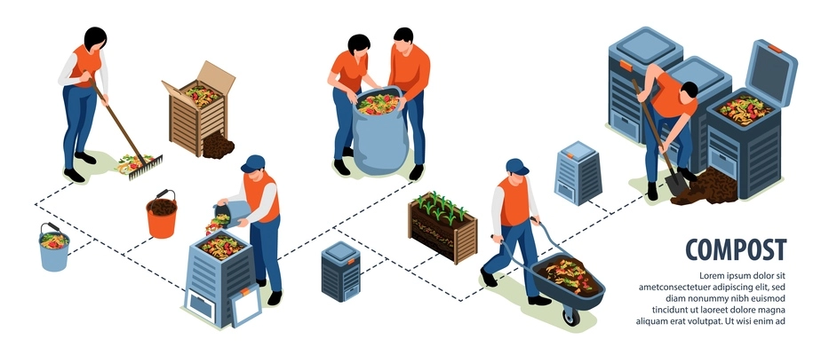 People collecting organic waste to make compost isometric infographics vector illustration