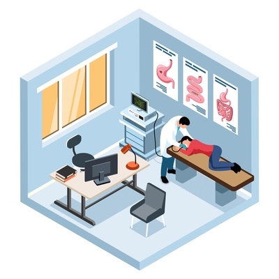 Gastroenterologist and male patient during endoscopy medical examination isometric isolated 3d vector illustration