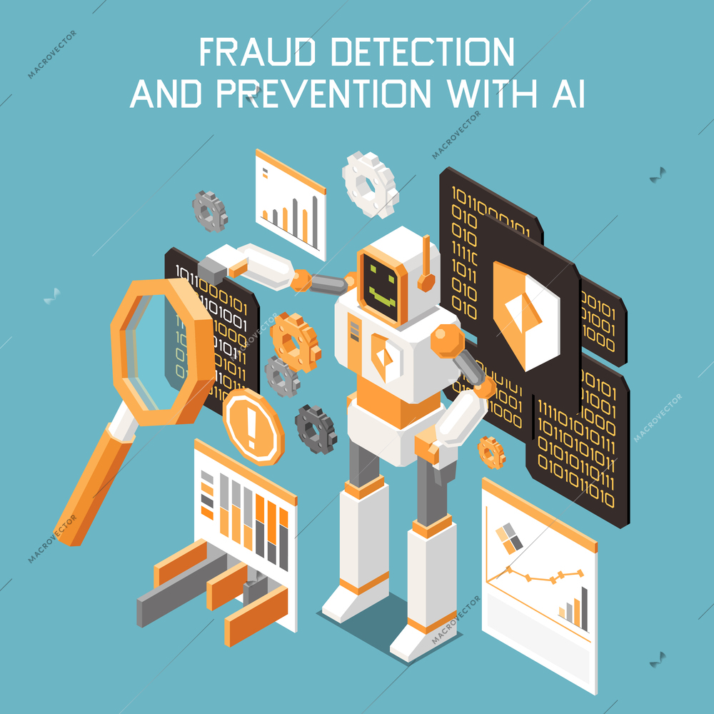 Marketing AI technologies isometric and colored concept with fraud detection and prevention with ai headline vector illustration