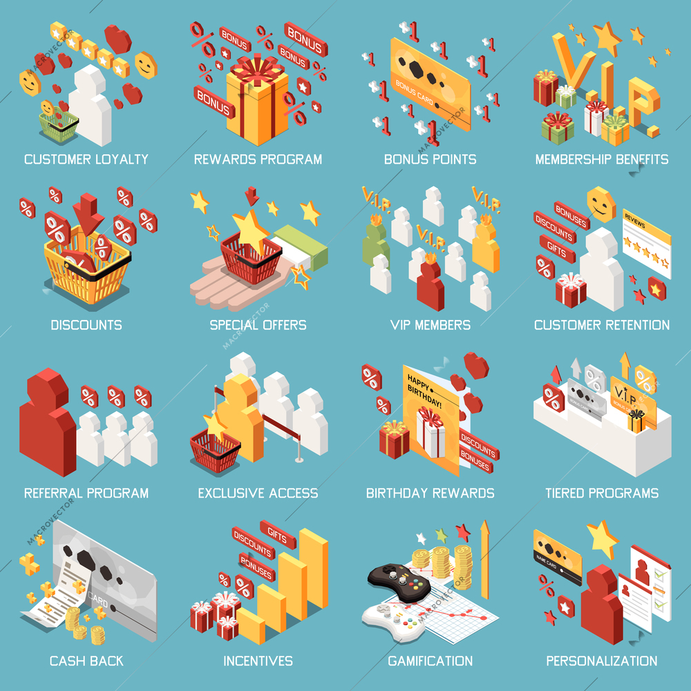 Customer loyalty bonus reward programs isometric icon set with bonus points membership benefits discounts special offers and other descriptions vector illustration