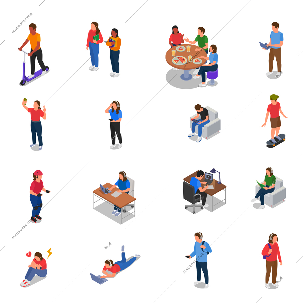 Teenagers icons set with active lifestyle symbols isometric isolated vector illustration