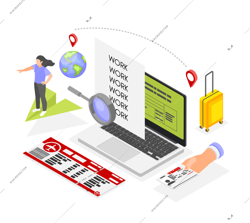 Work migration searching for job abroad isometric composition with plane ticket suitcase visa vector illustration