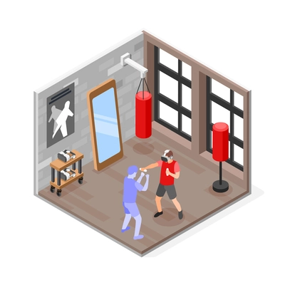 VR sports trainings isometric composition the man is fighting a non existent opponent vector illustration