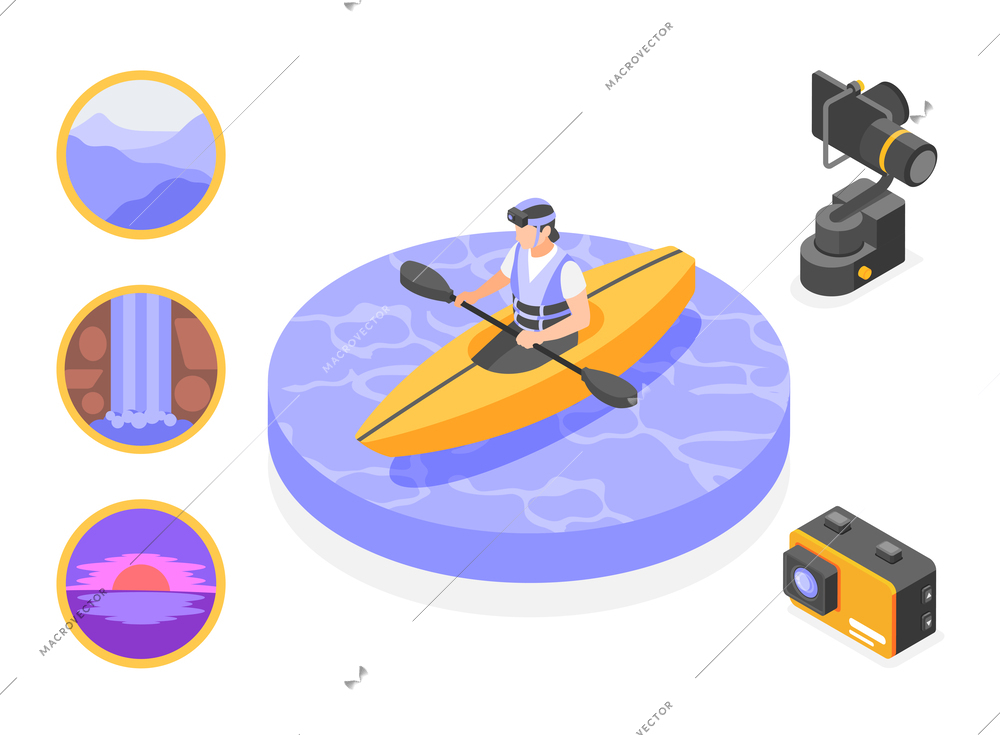 Action camera isometric composition with woman taking photos of nature in kayak 3d vector illustration