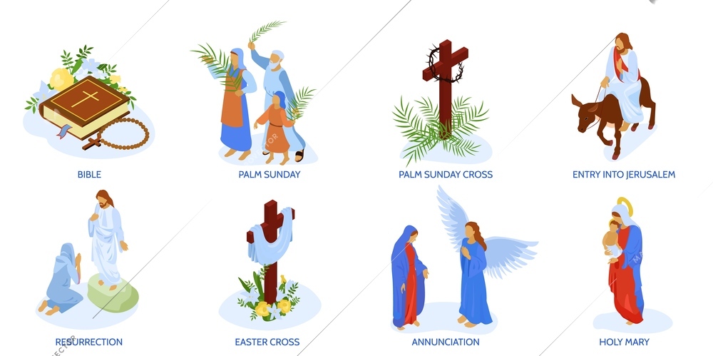 Jesus christ life virgin mary palm sunday holy bible isometric compositions set isolated vector illustration