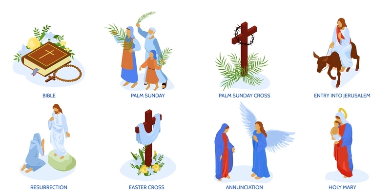 Jesus christ life virgin mary palm sunday holy bible isometric compositions set isolated vector illustration