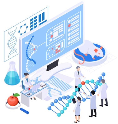 Biotechnology isometric composition with group of scientists holding big dna model with workplace mouse and computer vector illustration