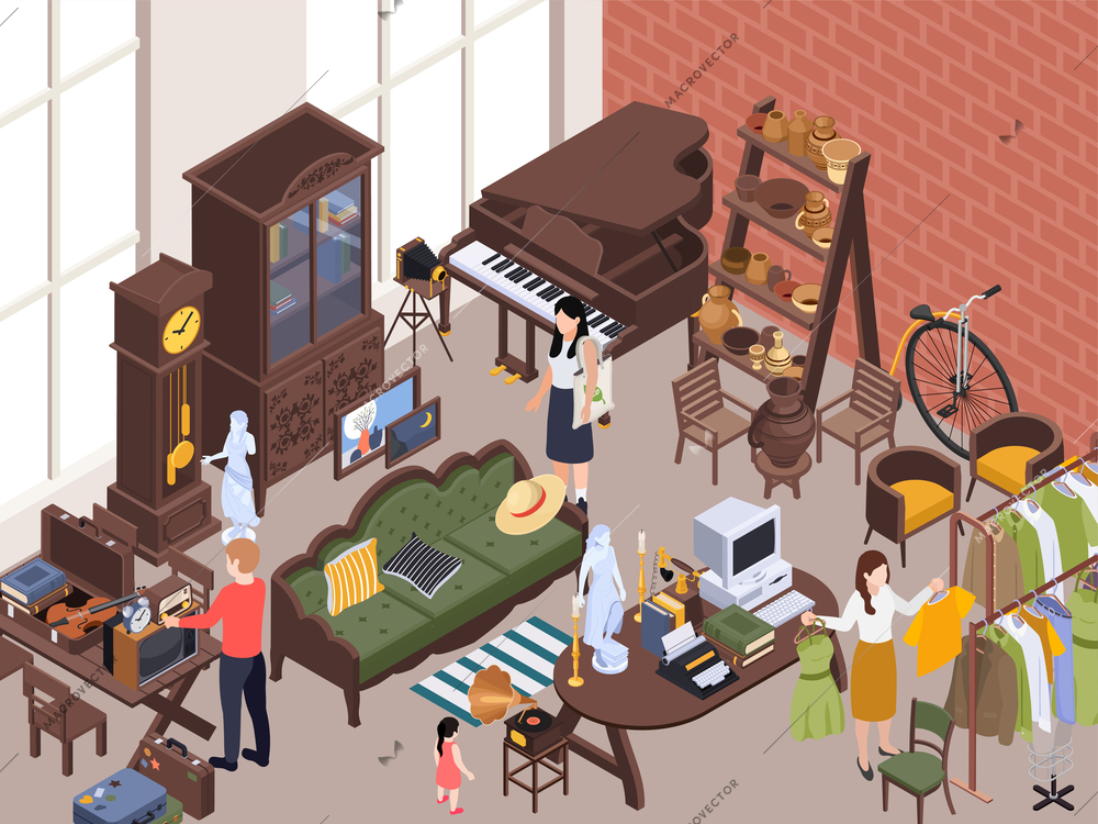 Antiquarian antique isometric composition with indoor scenery and human characters looking at vintage goods and clothes vector illustration