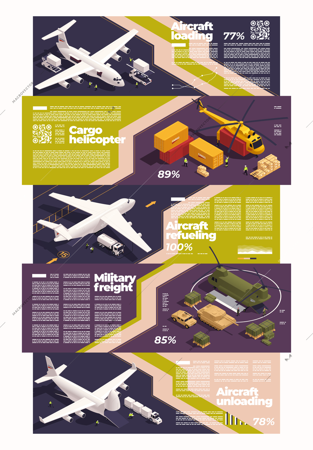 Air cargo isometric set with aircraft logistic and transportation symbols  vector illustration