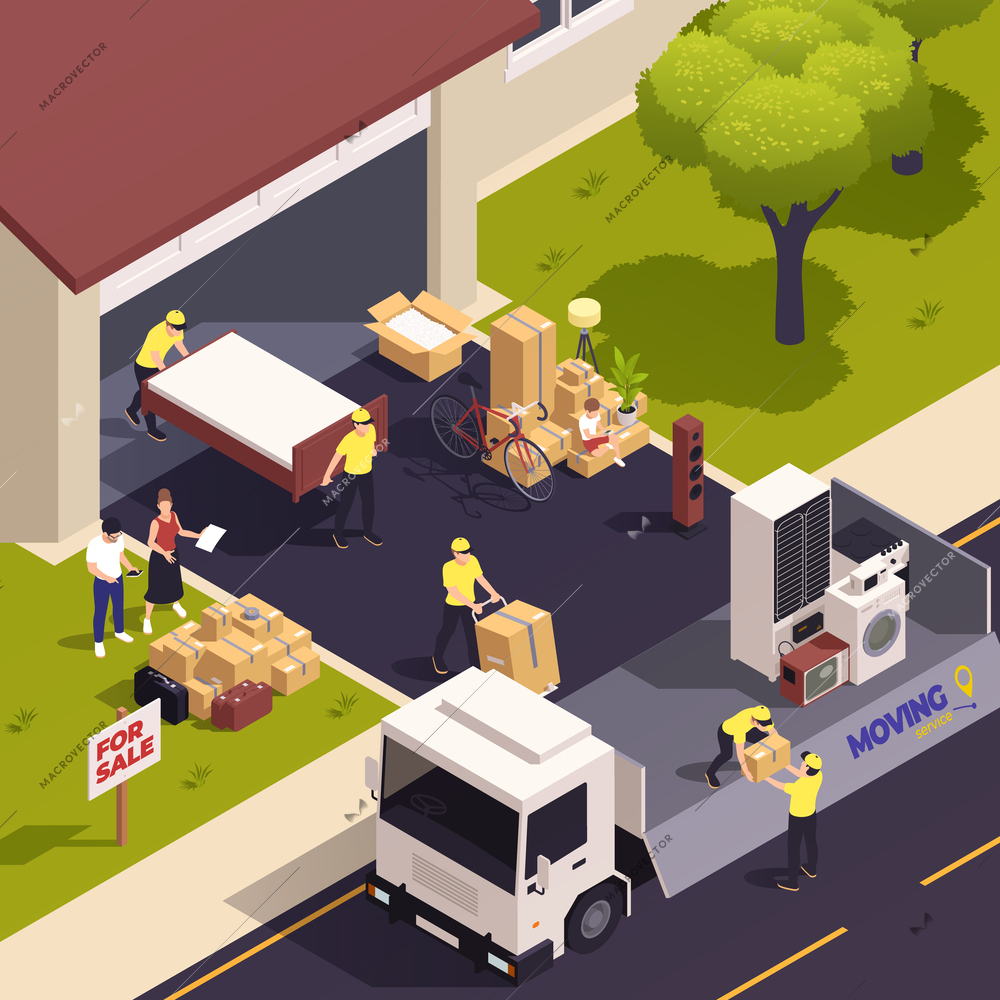 Relocation service isometric concept with moving company relocation people in front of multistore vector illustration