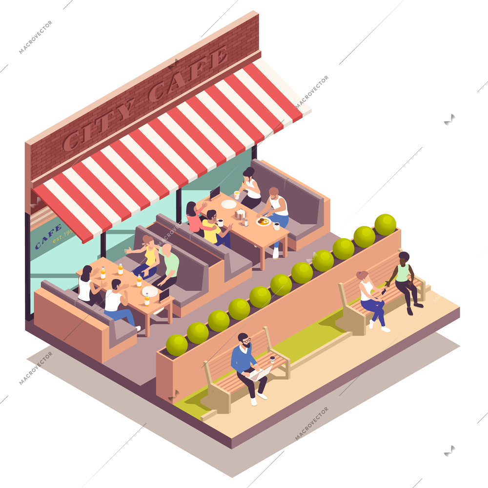 Street cafe isometric concept with people sitting on outdoor terrace vector illustration