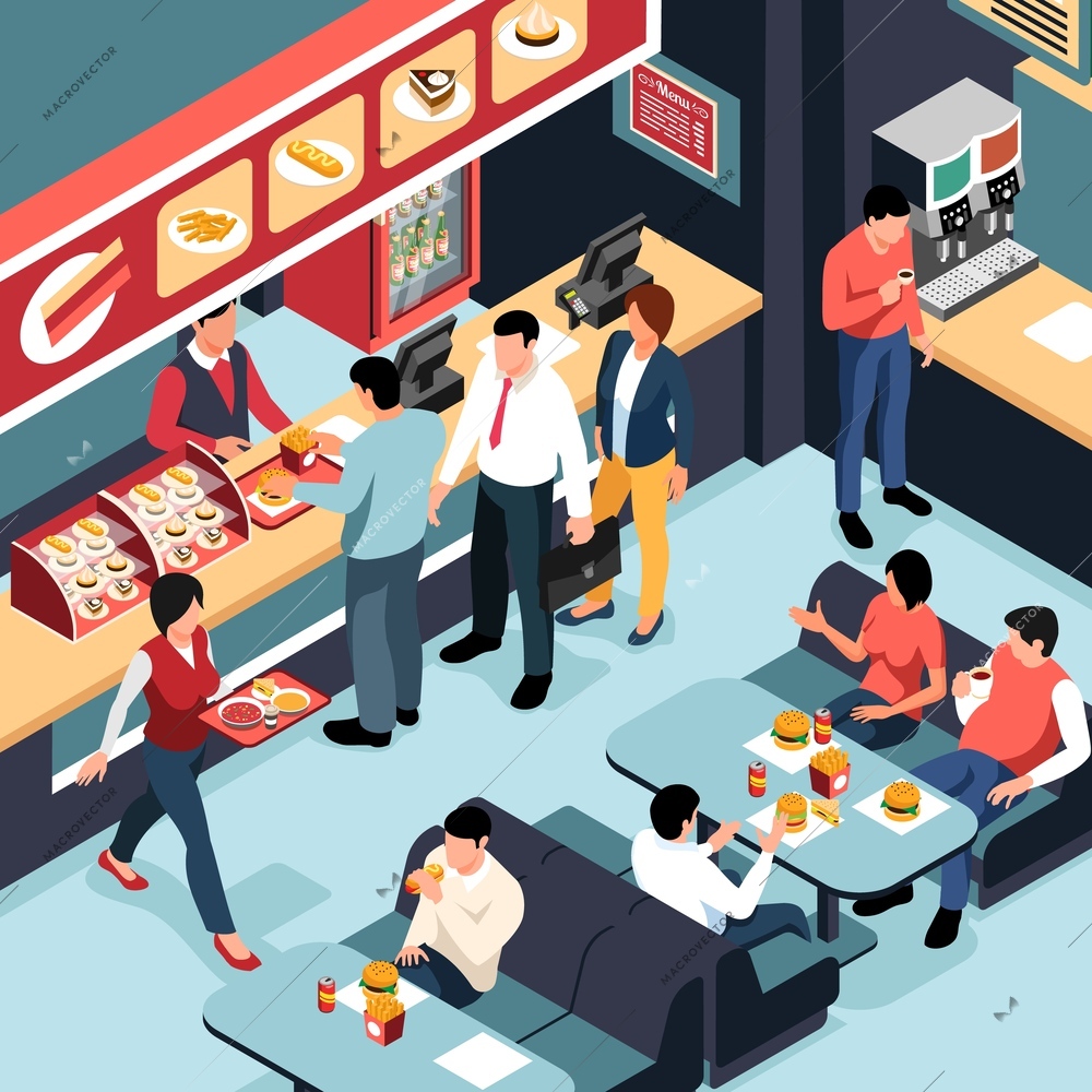 Isometric food court area interior with people walking with tray eating burgers making orders vector illustration