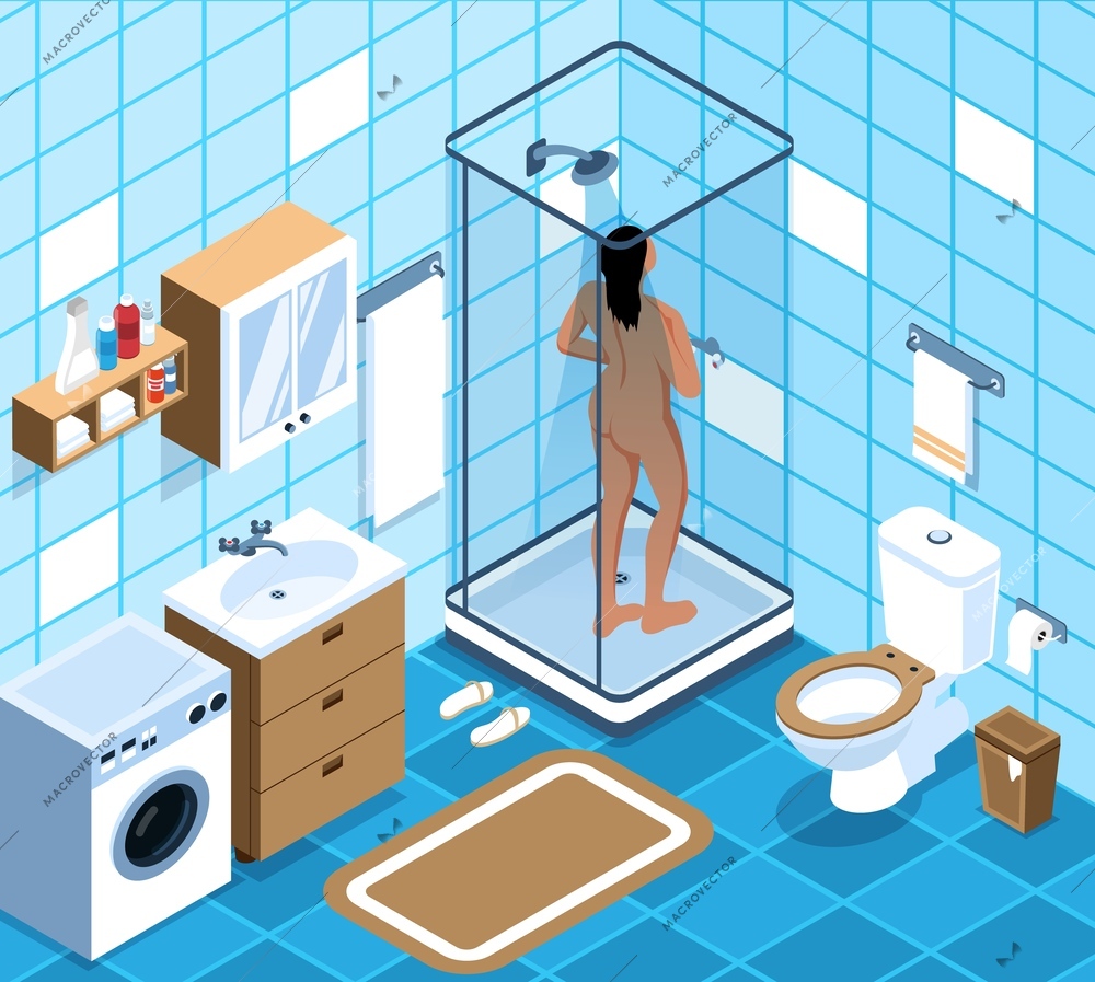 Isometric hygiene composition with bathroom interior with toilet bowl sink and wash cabin with bathing woman vector illustration