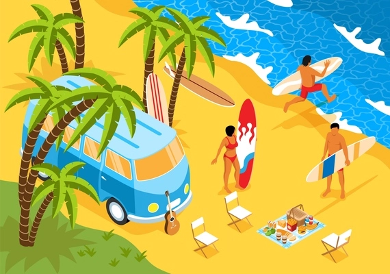 Surfing isometric background with car and people with surfboards on south ocean shore vector illustration