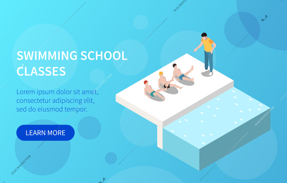 Swimming school classes isometric banner with children doing preparation exercises before pool vector illustration