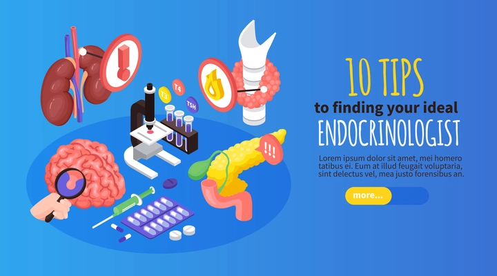 Isometric endocrinologist horizontal banner with ten tips to finding your ideal endocrinologist headline vector illustration