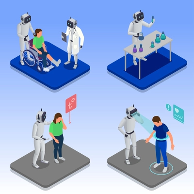 Isometric ai in medicine set with medical robots helping patients isolated vector illustration