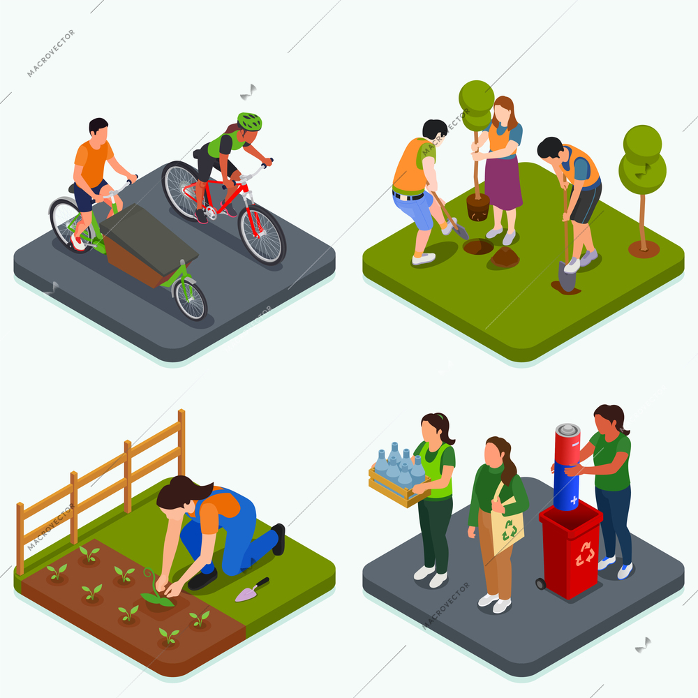 Ecological awareness design concept set with people doing gardening using eco transport recycling rubbish isolated isometric vector illustration