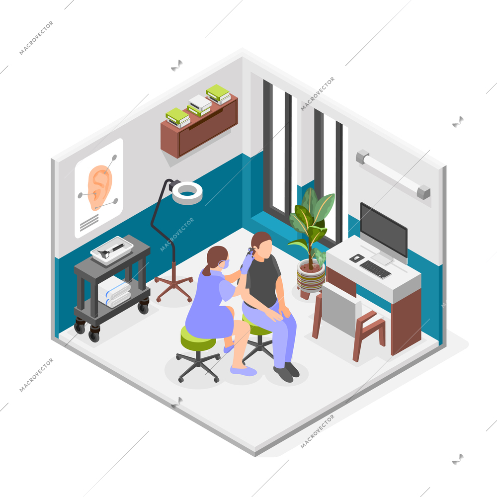 Otolaryngologists office isometric composition with doctor examining ear of patient isolated vector illustration