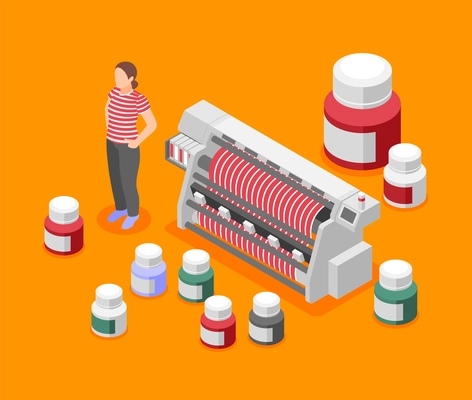 Fabric printing technologies orange background with jars of paint and fabric dyeing machine isometric vector illustration