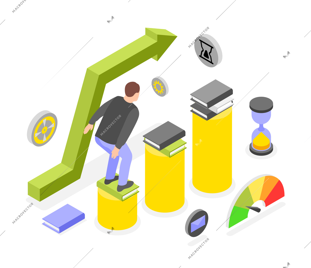 Personal growth and goal achievement isometric composition with man climbing improvised career ladder vector illustration