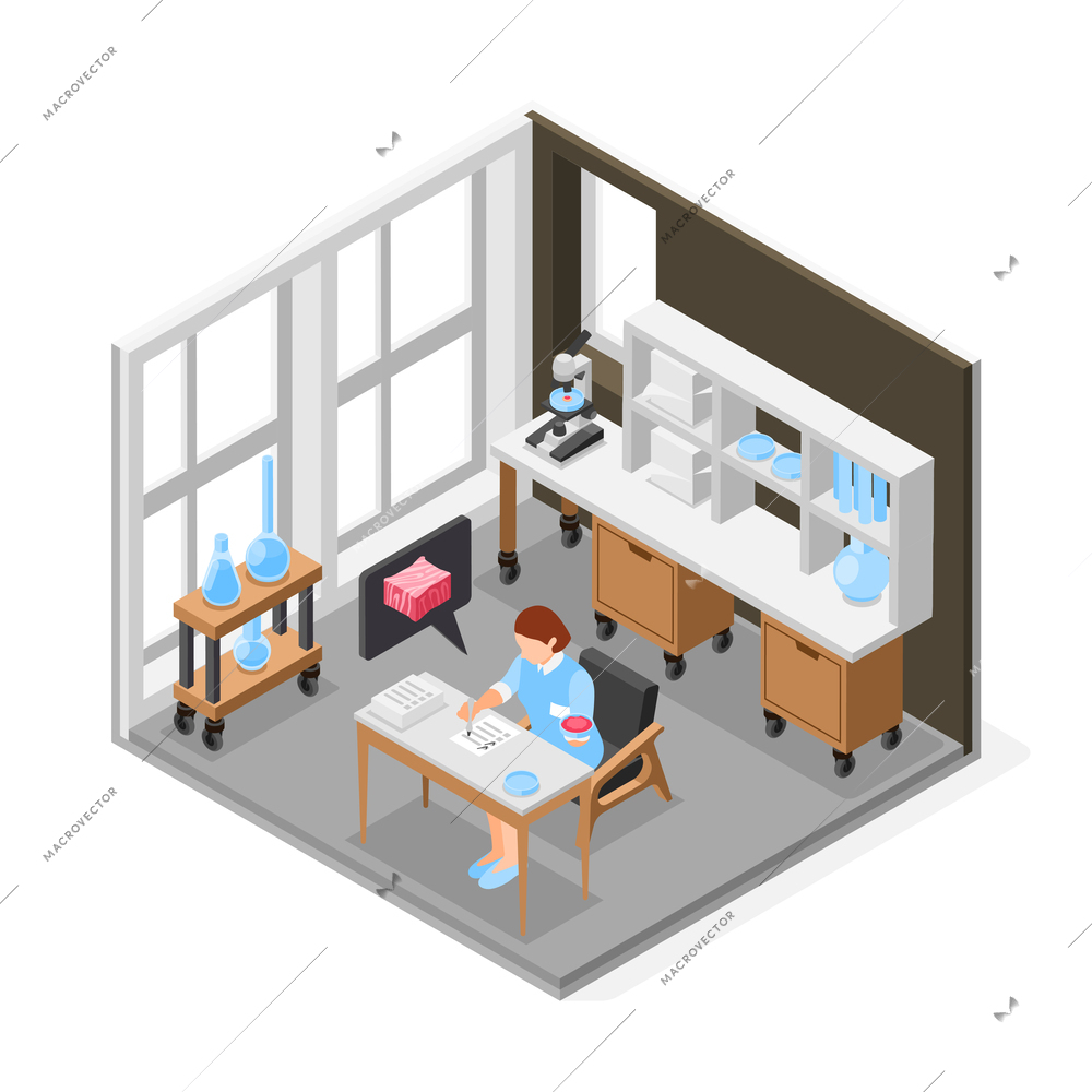 Artificial grown meat laboratory isometric object with staff working cultured product made from animal cells isolated vector illustration